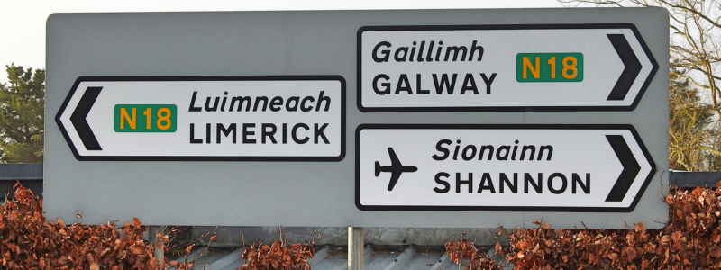 A road sign in Ireland, pointing to various places.