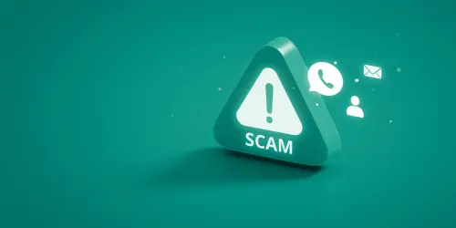 A green background with a triangle icon with 'SCAM' written on, with icons floating around it.