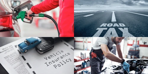 4 images put together showing the different aspects of car ownership. In the top left, someone is filling their car up with fuel, on the right an image showing car tax, bottom left a vehicle insurance policy and bottom right a car service taking place.